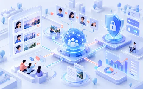 AI、社区信息卡片与隐私保护元素的概念插画